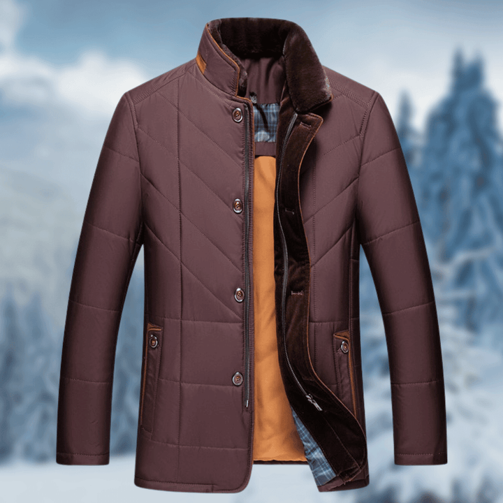Warm men's quilted puffer jacket, button front, ideal smart casual outerwear for cold autumn & winter days.