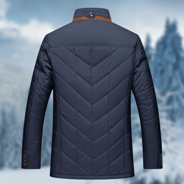 Men's casual quilted puffer jacket featuring a cozy faux fur collar & button front for winter warmth.