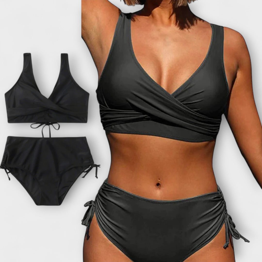 Elegant women's two-piece bikini swimwear in green, red, or black; figure-enhancing beach fashion.