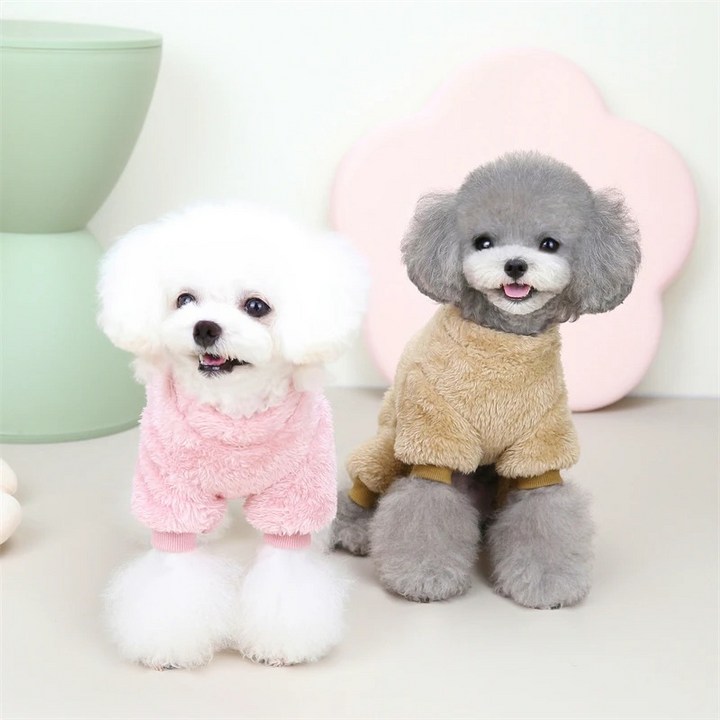 Cozy winter pet jumpsuit for small dogs. Warm, full-body dog coat apparel perfect for chilly outdoor adventures.