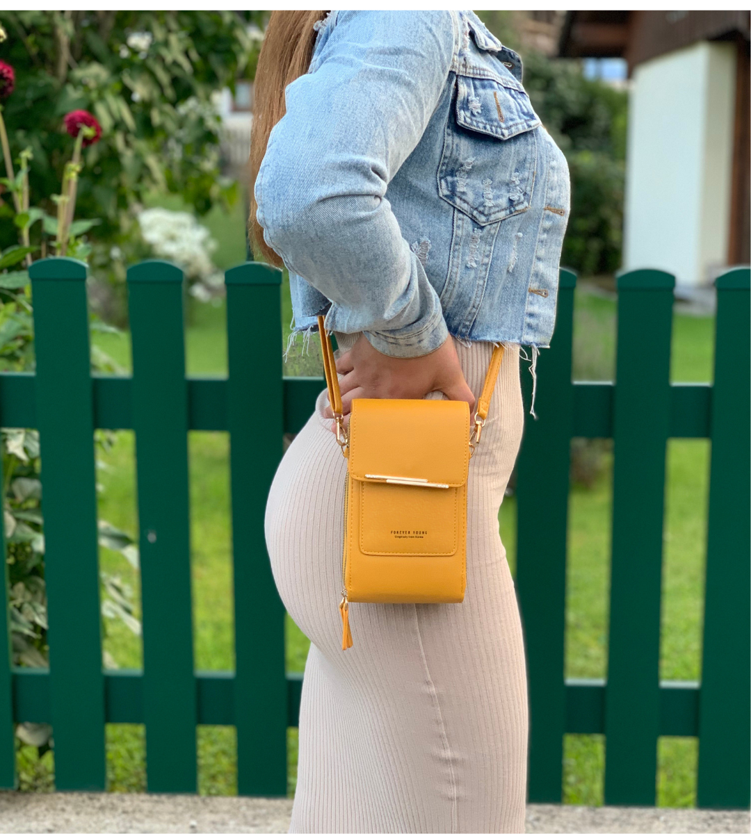 Compact women's shoulder bag, a versatile fashion accessory with a clear touchscreen window.