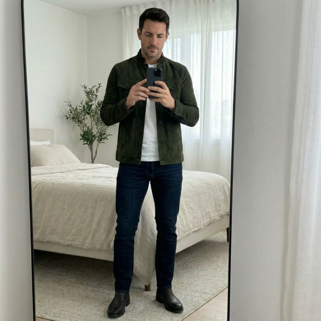 Smart casual men's jacket with tailored fit. Classic style pocket outerwear for timeless fashion.
