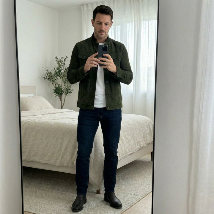 Smart casual men's jacket with tailored fit. Classic style pocket outerwear for timeless fashion.