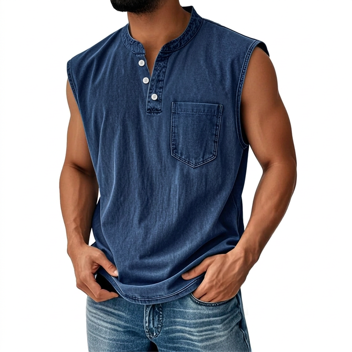 Retro sleeveless men's shirt, perfect for a casual summer look. Vintage style, relaxed fit, warm weather apparel.