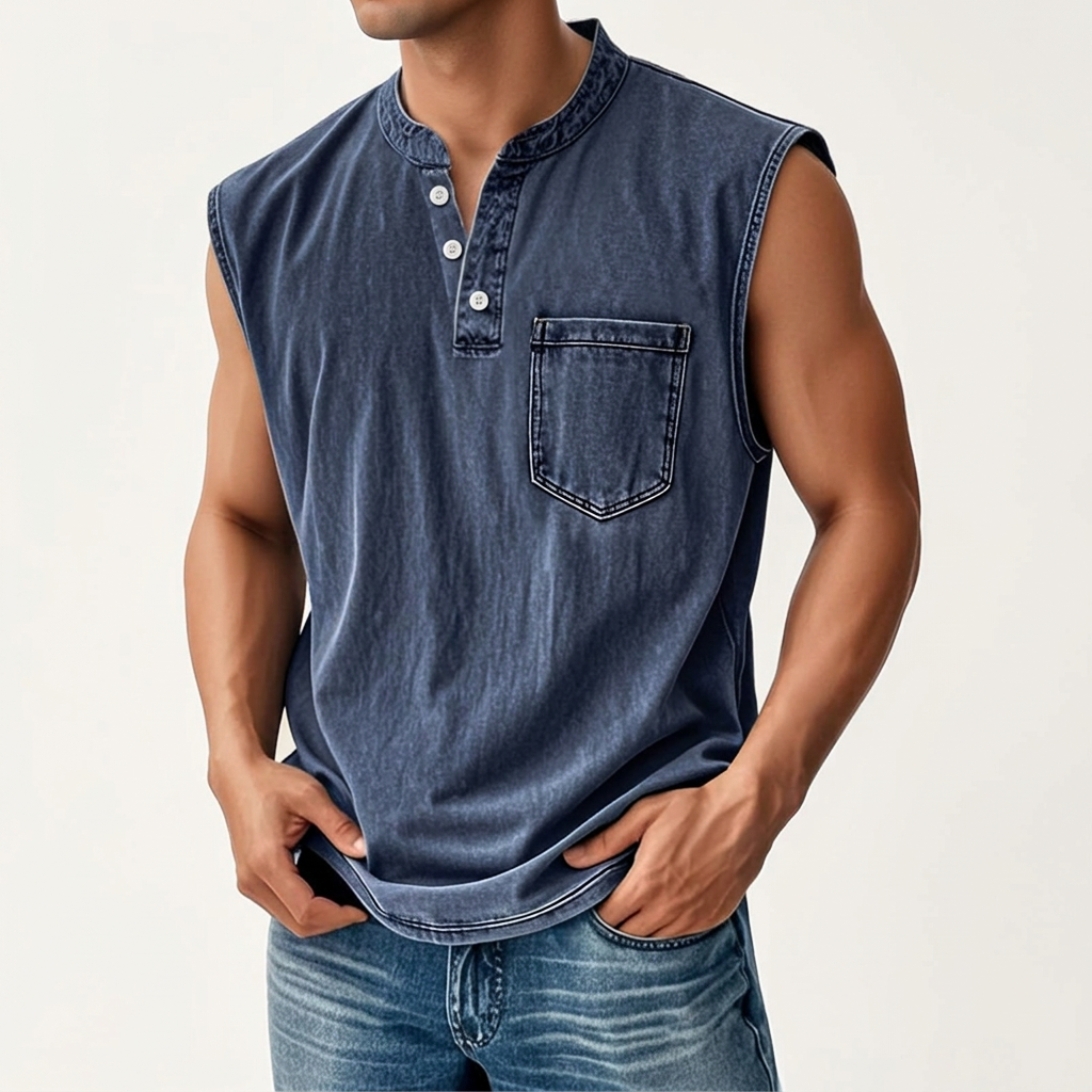 Casual men's sleeveless shirt, ideal for summer outfits. Features a retro design and relaxed fit for warm weather comfort.