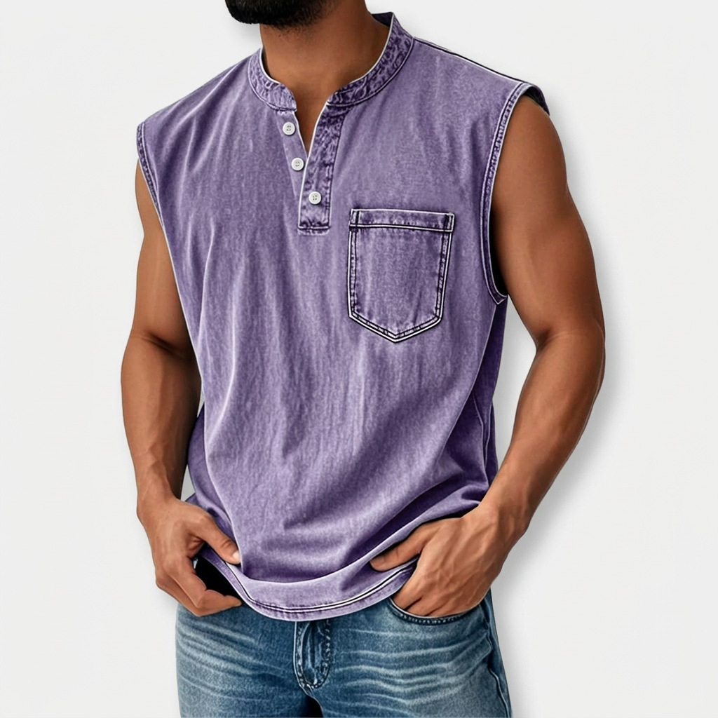 Men's sleeveless casual shirt with a relaxed fit, embodying vintage summer fashion. Ideal for warm weather activities.