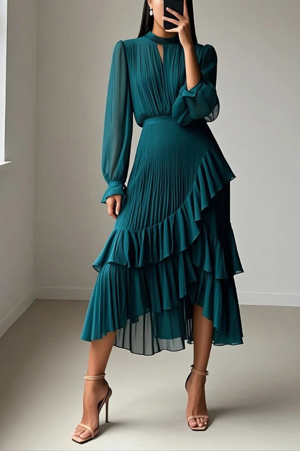 Women's elegant high-neck pleated midi dress in a flowing, chic style for events.
