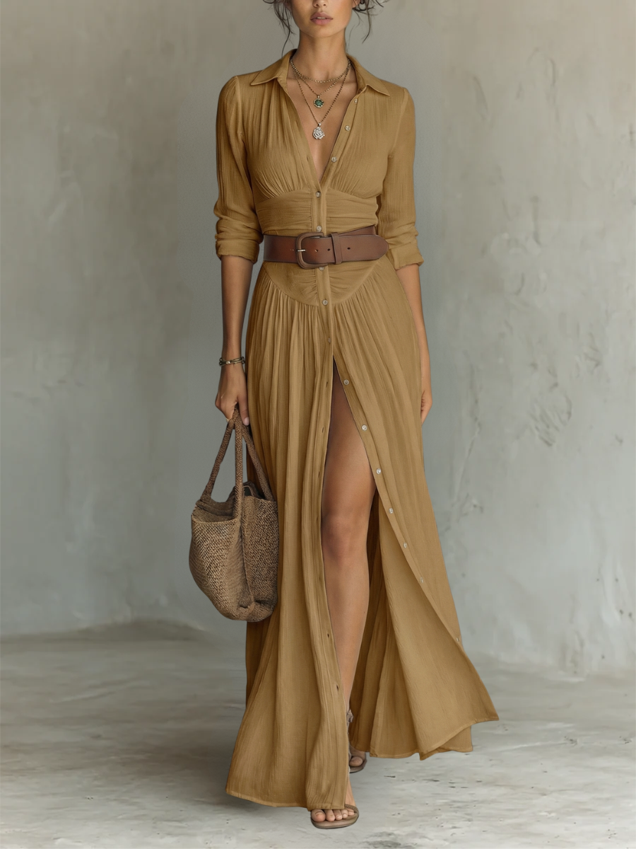 Stylish women's long-sleeve maxi dress with a flattering lapel collar and an elegant pleated skirt.