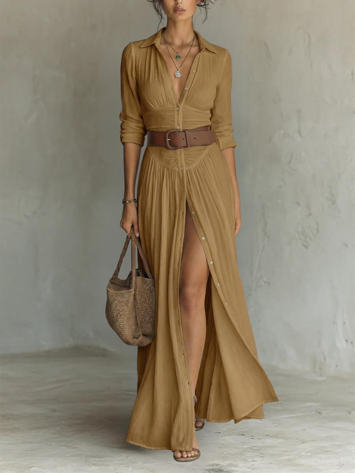 Stylish women's long-sleeve maxi dress with a flattering lapel collar and an elegant pleated skirt.