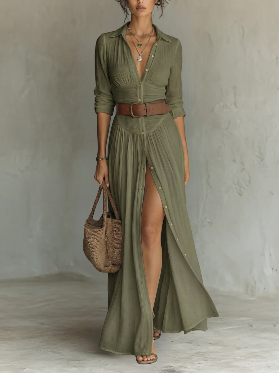 Comfortable women's long-sleeve lapel collar maxi dress, offering versatile fashion for any event.