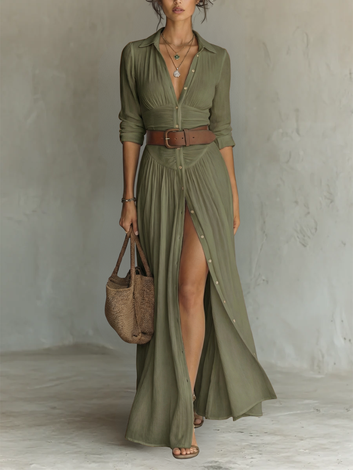 Comfortable women's long-sleeve lapel collar maxi dress, offering versatile fashion for any event.