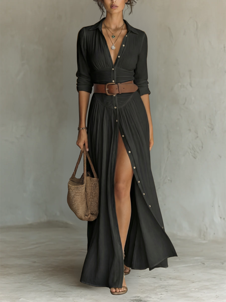 Women's elegant long-sleeve maxi dress with a crisp lapel collar, enhancing its stylish design.