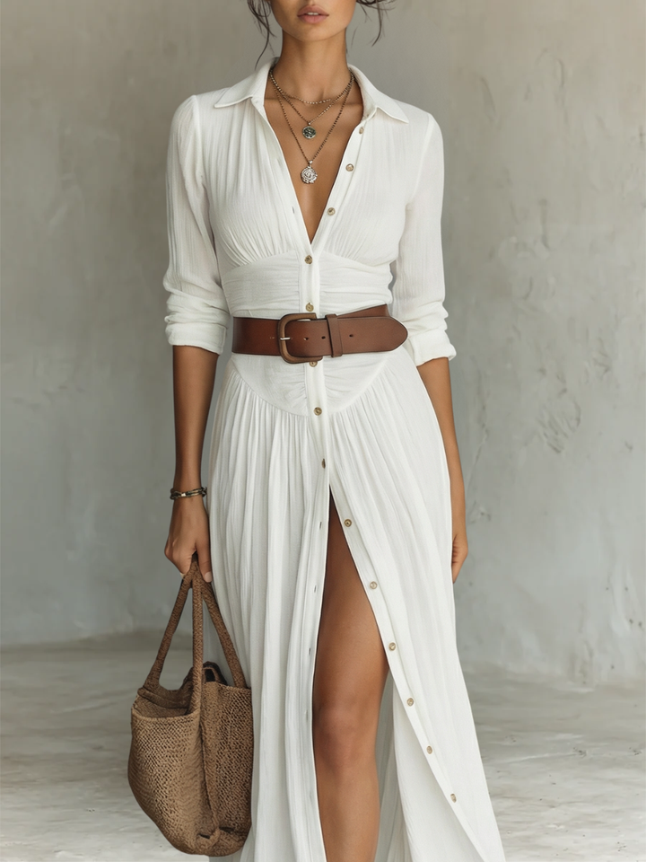 Sophisticated women's long-sleeve lapel collar maxi dress, ideal for both formal and casual settings.