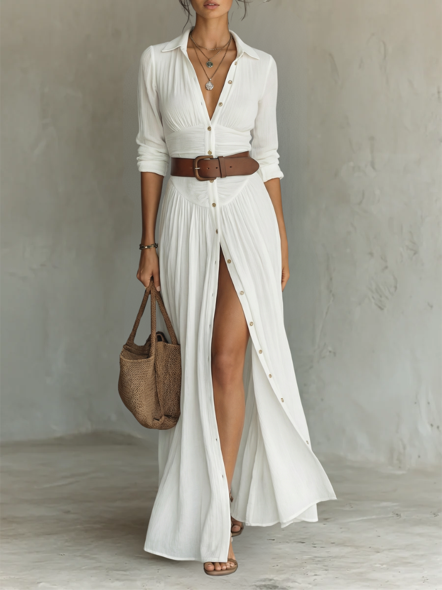 Women's formal long-sleeve lapel collar maxi dress with a beautiful pleated skirt detail.