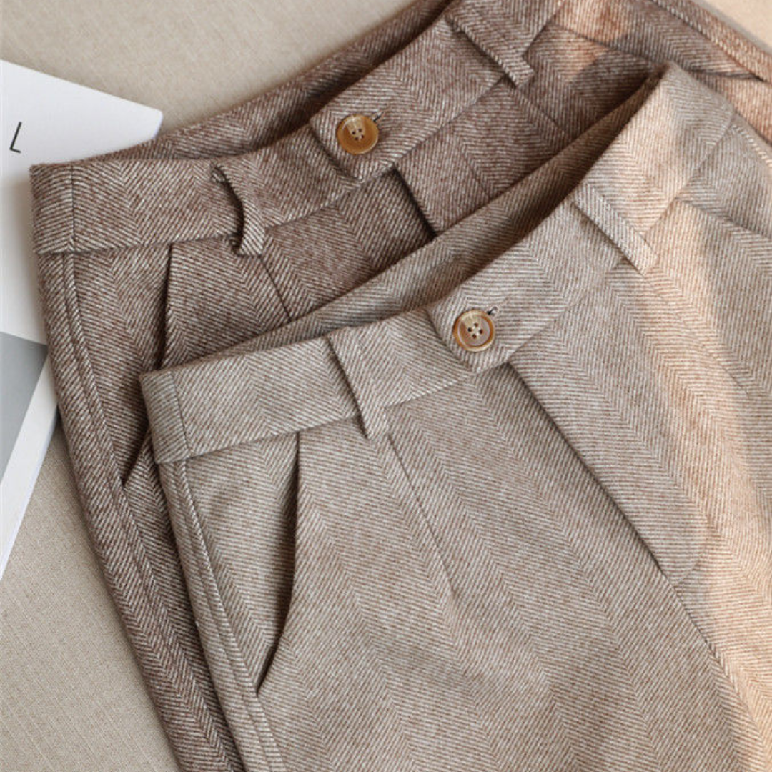 Full-length shot of women wearing classic herringbone all-season pants. Elegant, versatile, & comfortable trousers.