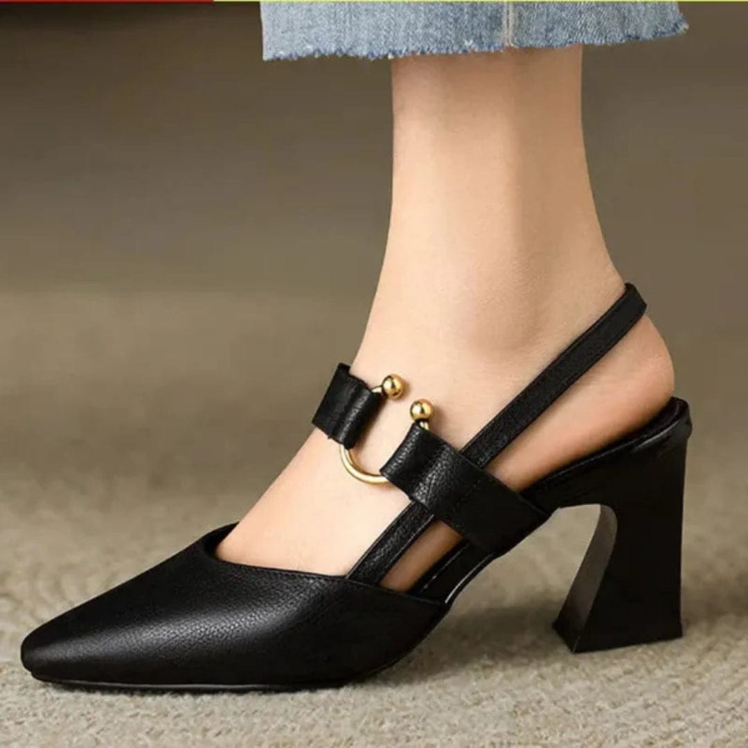 Elegant women's slingback heels with pointed toe & gold detail, perfect versatile fashion footwear.