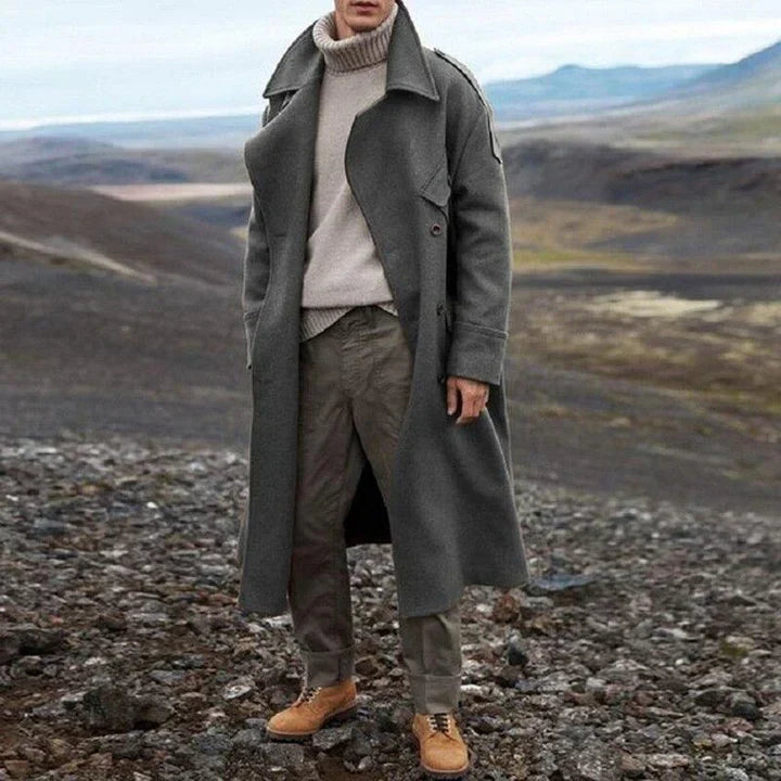 Men's classic double-breasted long winter coat in a warm wool blend, ideal for stylish outerwear.