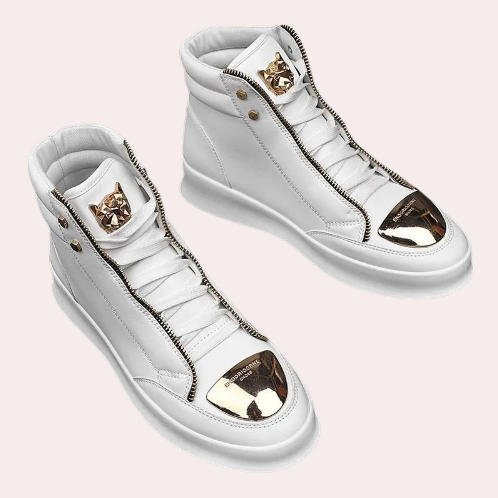 Sleek men's high top fashion sneakers with a unique metallic toe detail for an edgy look.