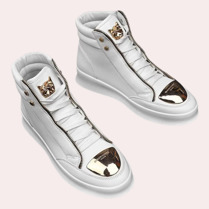Sleek men's high top fashion sneakers with a unique metallic toe detail for an edgy look.