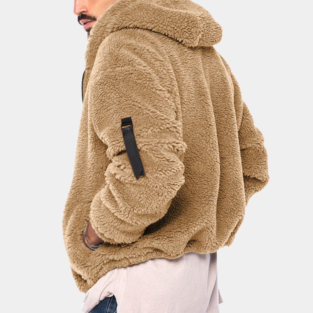 Casual men's zip-up hooded black jacket, ideal for winter layering and daily outdoor activities.