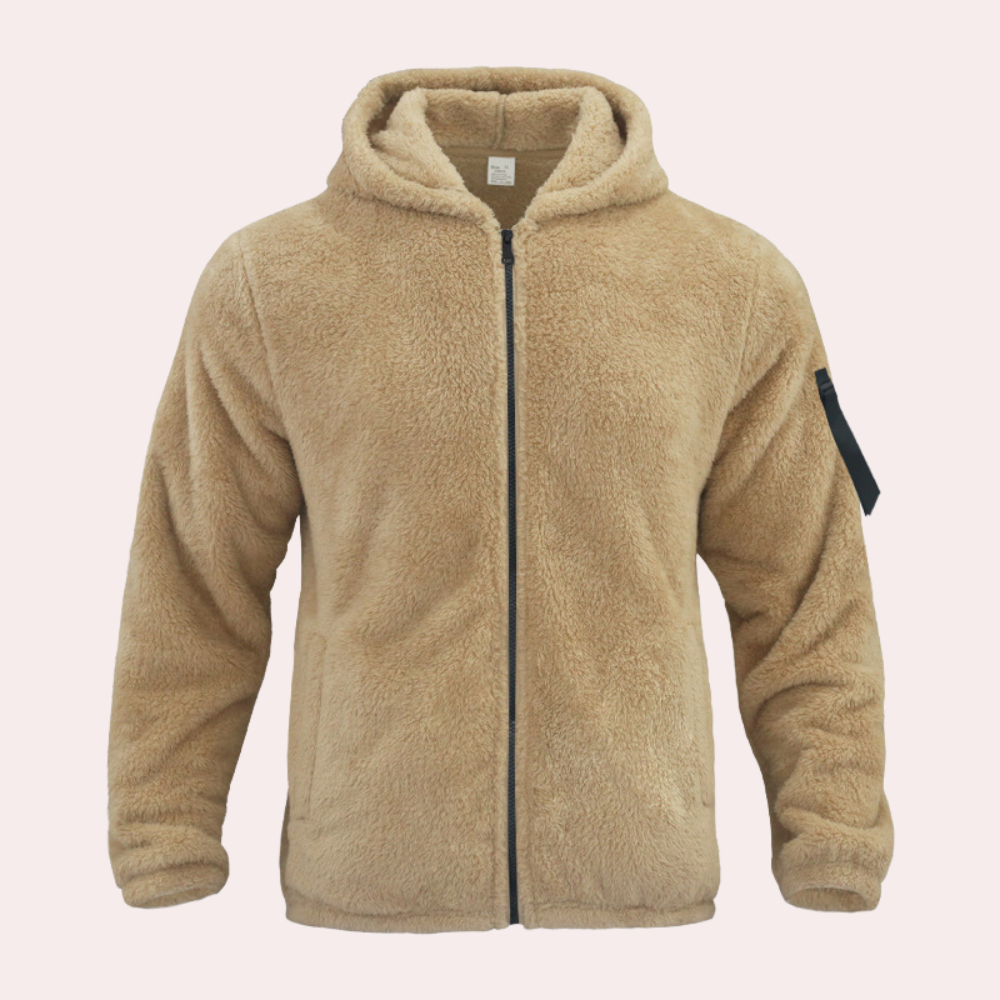 Khaki men's hooded winter jacket, a warm outerwear option for casual style and comfort.