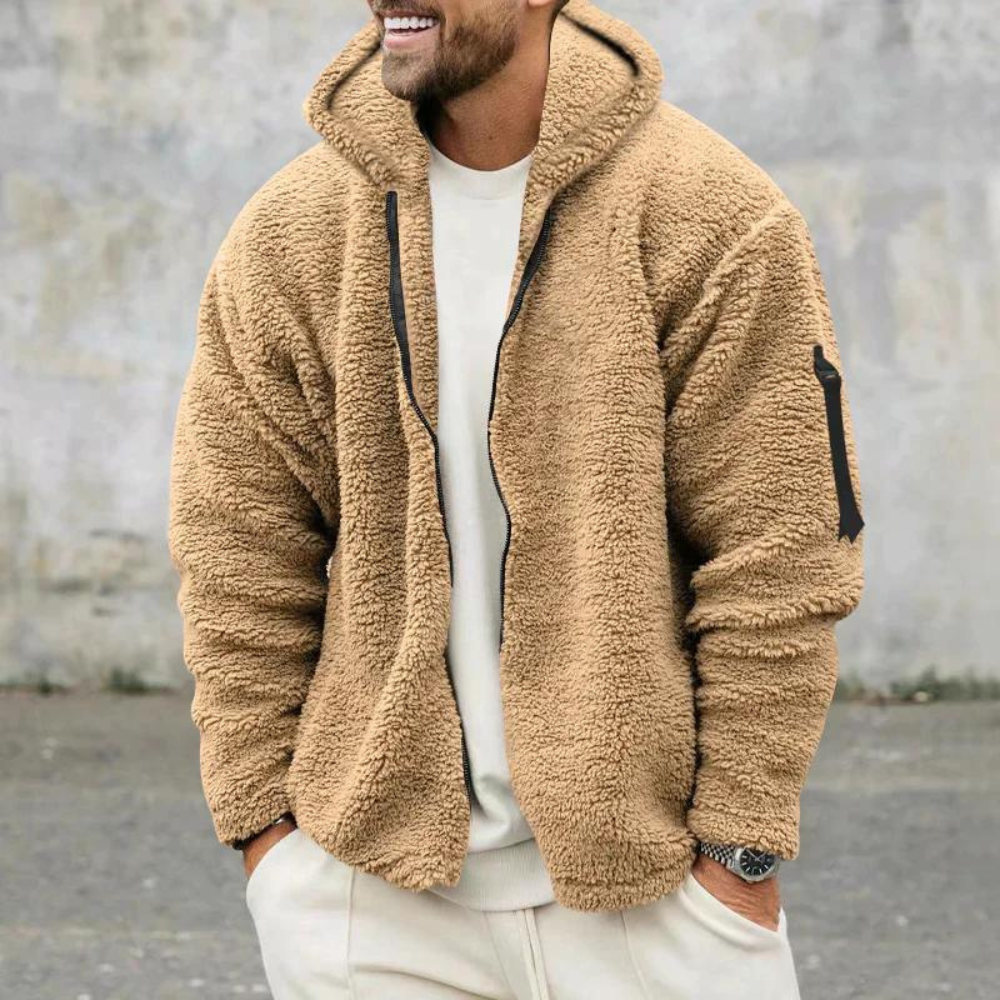 Cozy men's hooded winter jacket, durable and warm zip-up for ultimate comfort and cold protection.