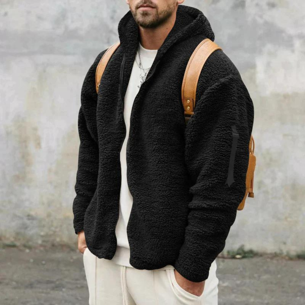Black men's hooded winter jacket, offering warmth and comfort for everyday casual and outdoor wear.