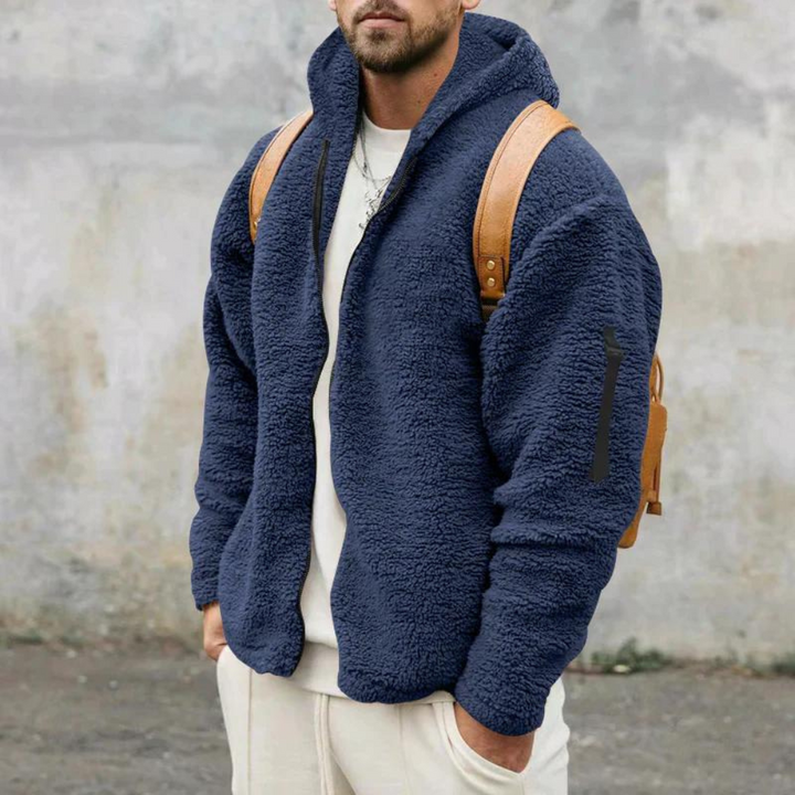 Men's warm hooded layering jacket for winter outdoor adventures, comfortable and practical.