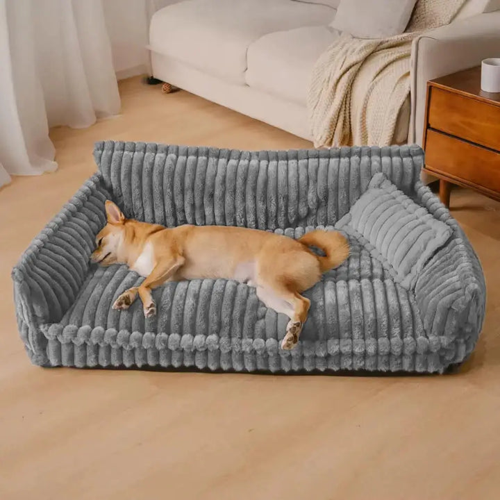 Grey orthopaedic dog sofa with soft corduroy fabric for ultimate comfort & joint support. Washable pet bed for all dogs.