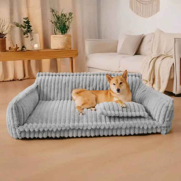 Supportive orthopaedic corduroy dog sofa, a comfortable and washable pet bed for large or small dogs. Ideal pet furniture.