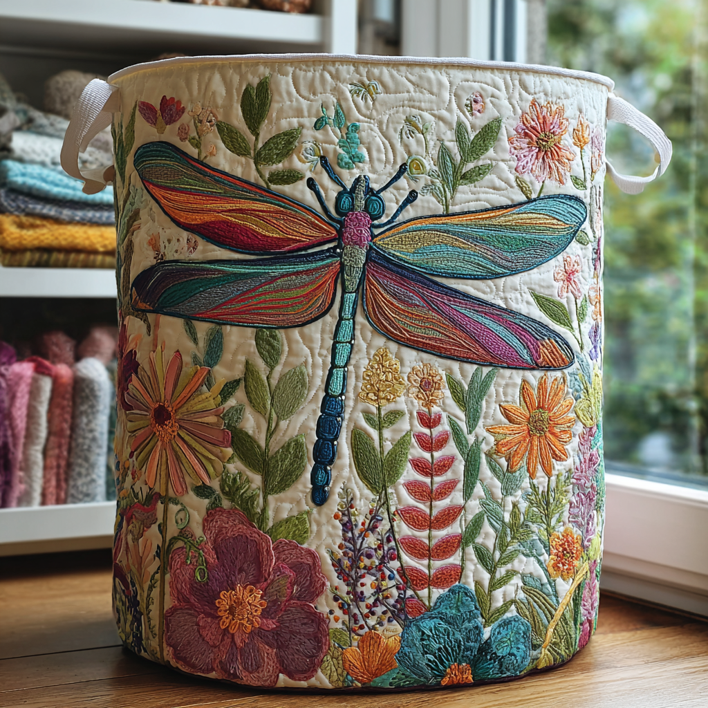 Dragonfly Garden Quilted Laundry Basket. Decorative fabric storage bin for bedroom, bathroom, or living room organization.