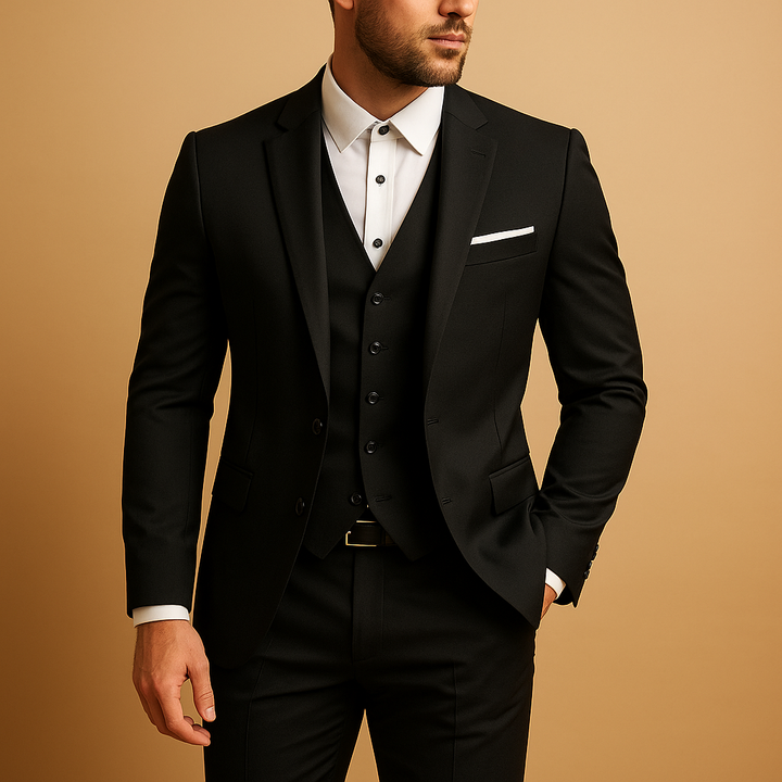 Men's slim fit navy suit, perfect for weddings, business, or formal events. Modern tailored style.