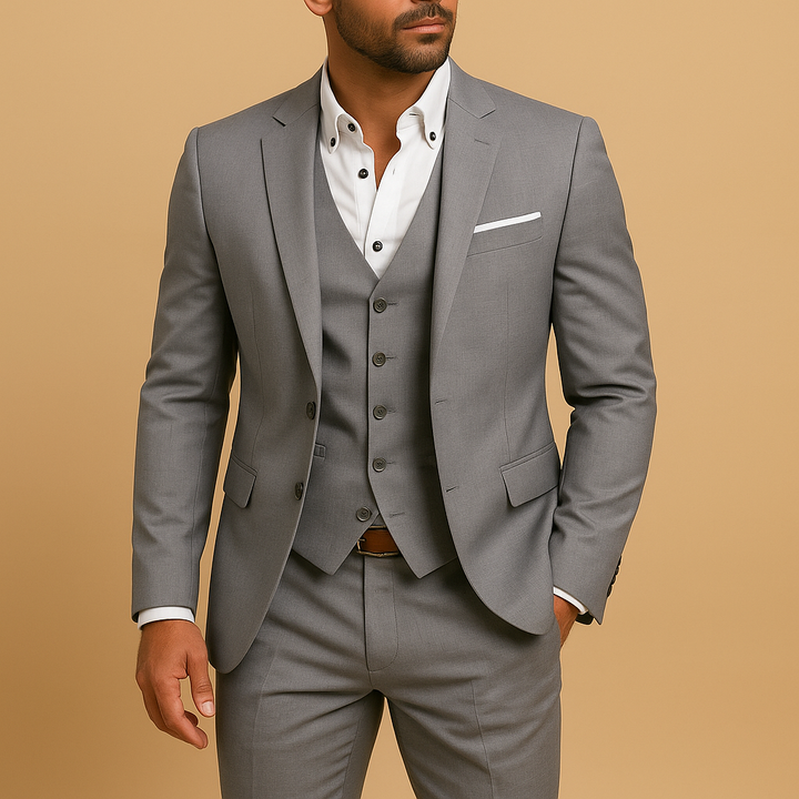 Modern men's slim fit suit in charcoal gray, showcasing a sleek, tailored design for a sophisticated look.