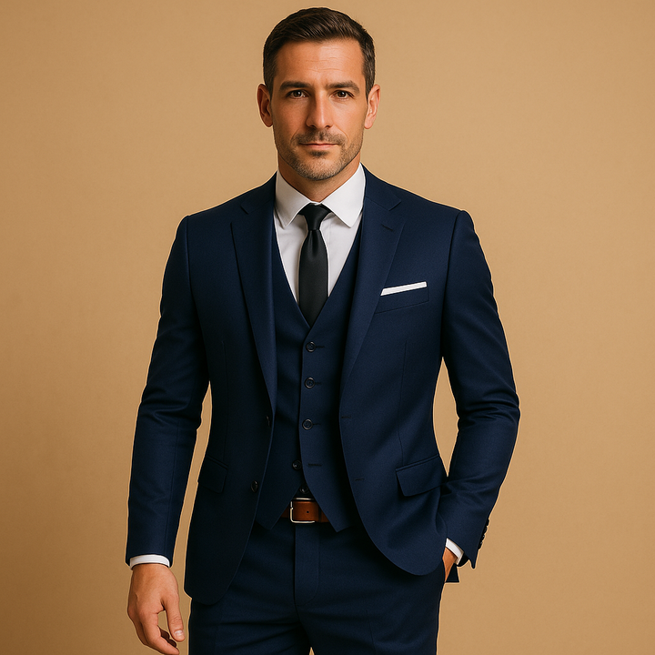 Sophisticated black men's slim fit suit, ideal formal wear for weddings, proms, or important business meetings.