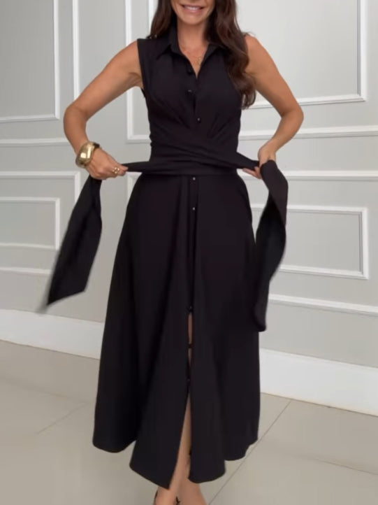 Chic sleeveless midi dress for women, featuring a graceful tie waist, perfect for any occasion.