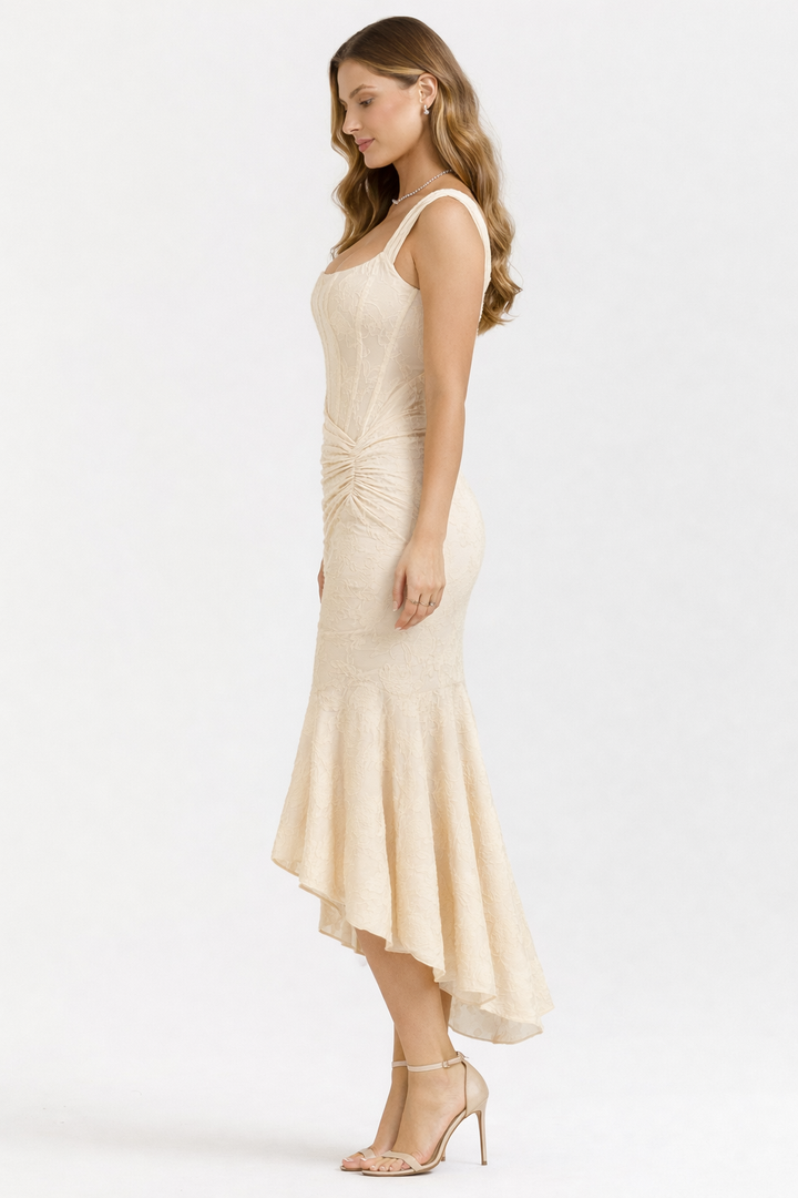 Flattering cowl neck slip midi dress for women. Elegant occasionwear, ideal as a party or evening gown.