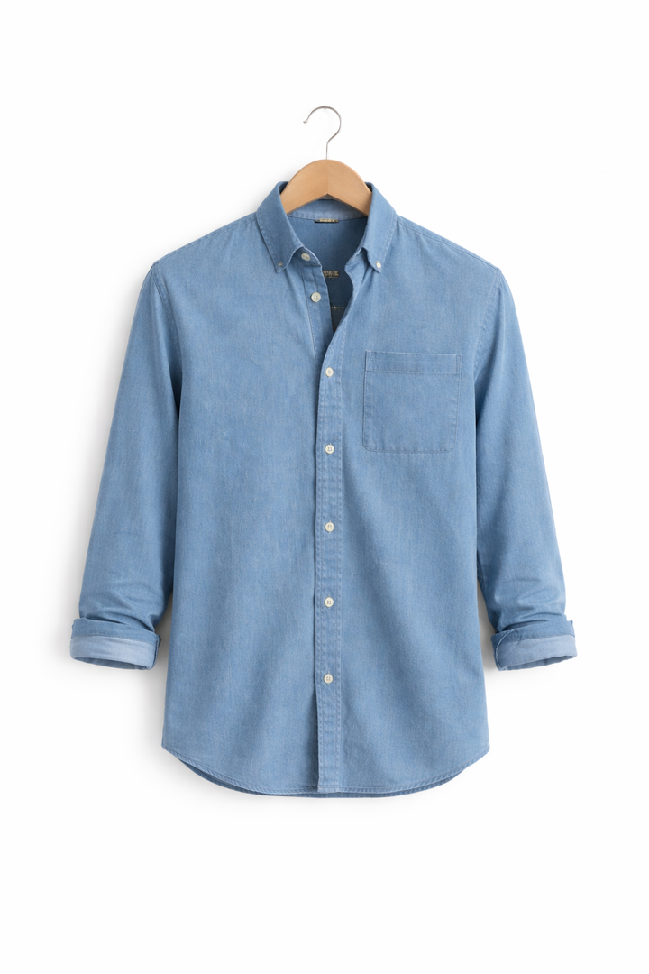 Smart casual men's chambray shirt, relaxed fit. Long sleeve button-up perfect for versatile looks.