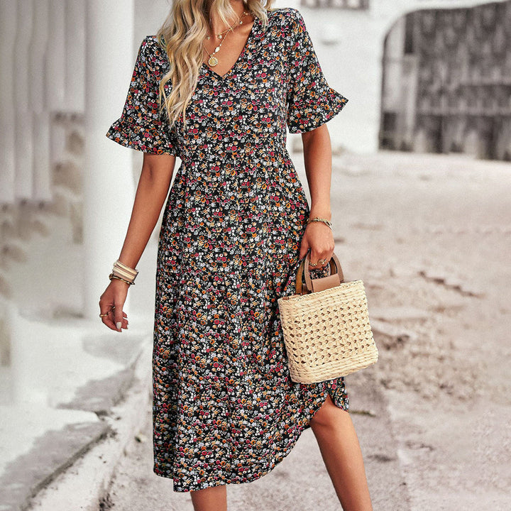 Elegant floral print midi dress for women, ideal for summer occasions, casual outings & chic fashion.
