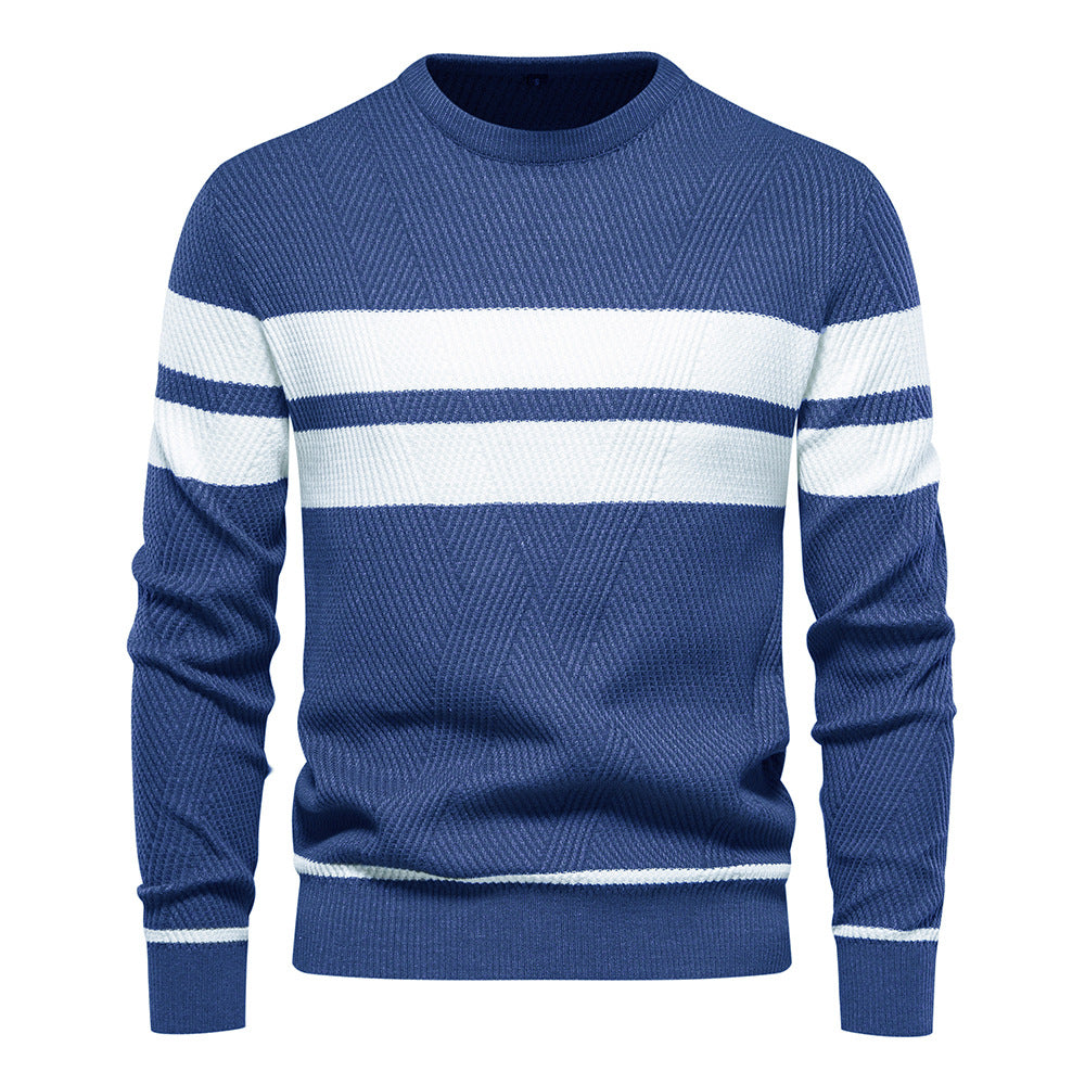Modern striped crew neck sweater for men, an essential slim fit casual fashion item for everyday.