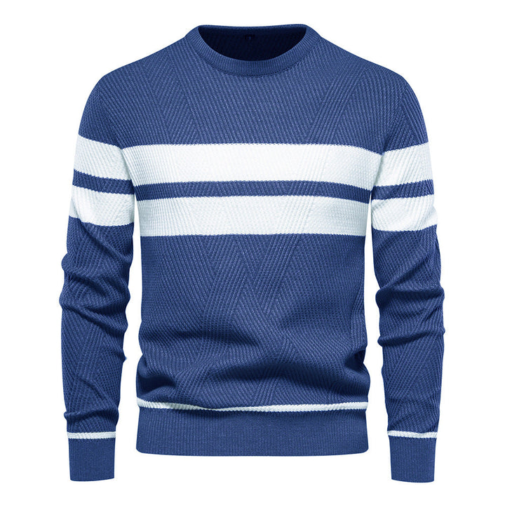 Modern striped crew neck sweater for men, an essential slim fit casual fashion item for everyday.