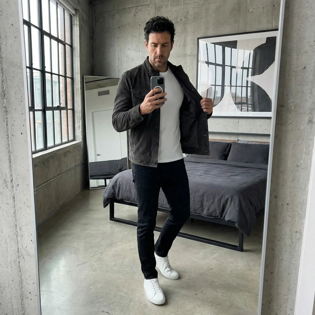 Modern classic men's jacket with functional pockets. Tailored fit outerwear for versatile, elegant style.
