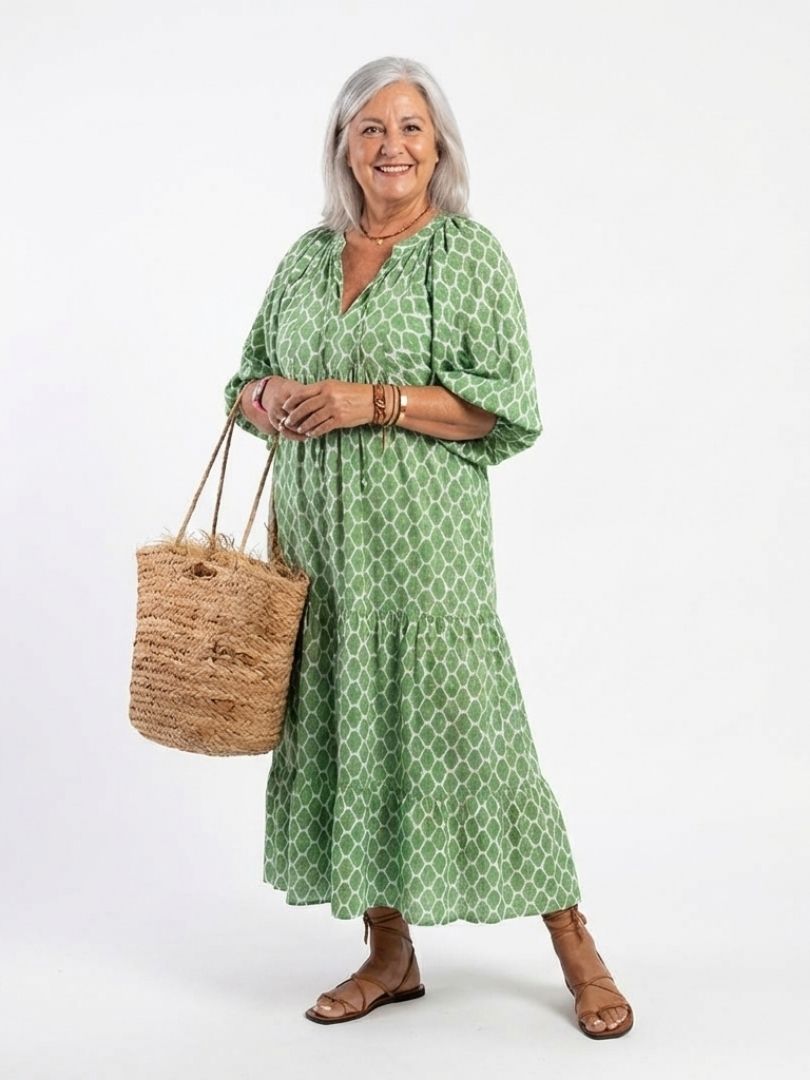 Casual women's patterned V-neck midi dress. Comfortable 3/4 sleeve, flowy design for everyday spring/summer style.