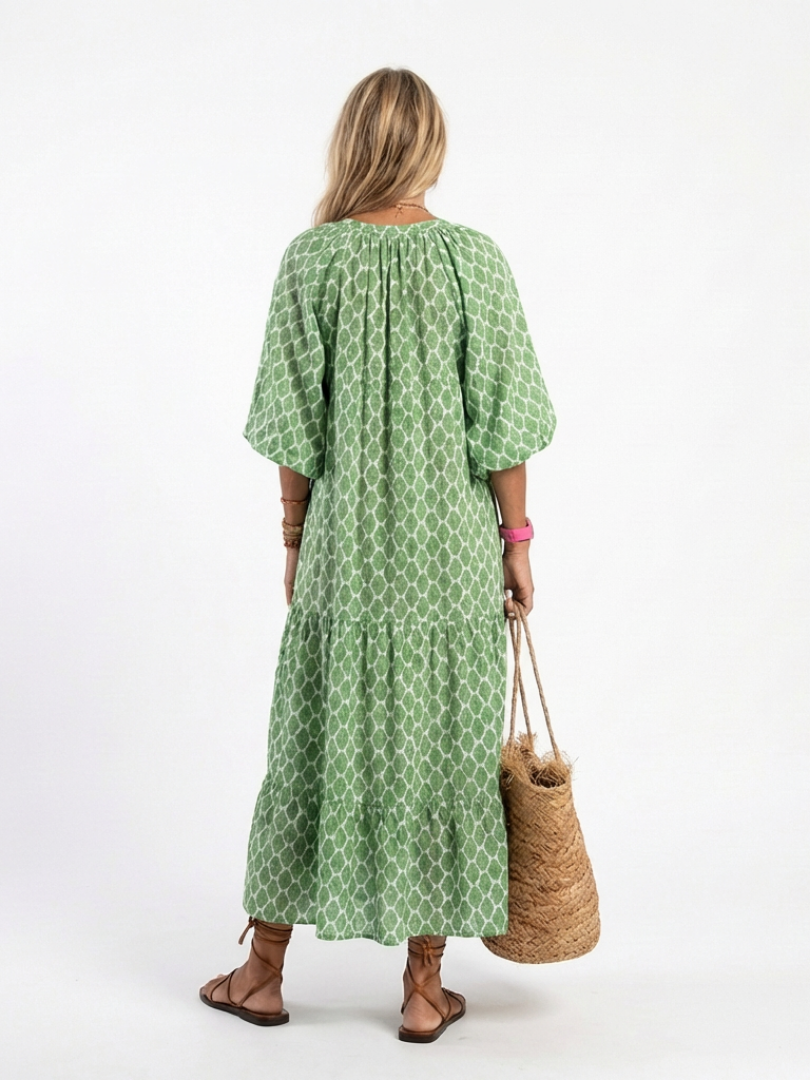 Women's patterned midi dress featuring a V-neck and three-quarter sleeves. Perfect elegant casual spring fashion.