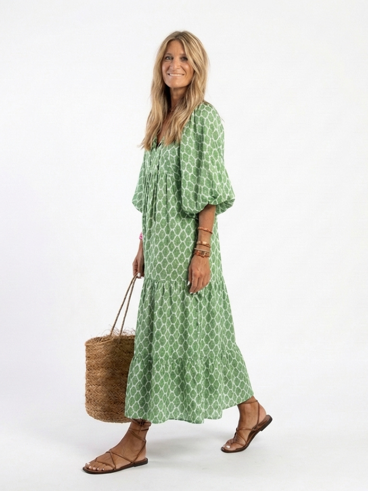 Relaxed fit women's tiered midi dress with a stylish pattern, V-neck, and three-quarter sleeves. Versatile fashion.