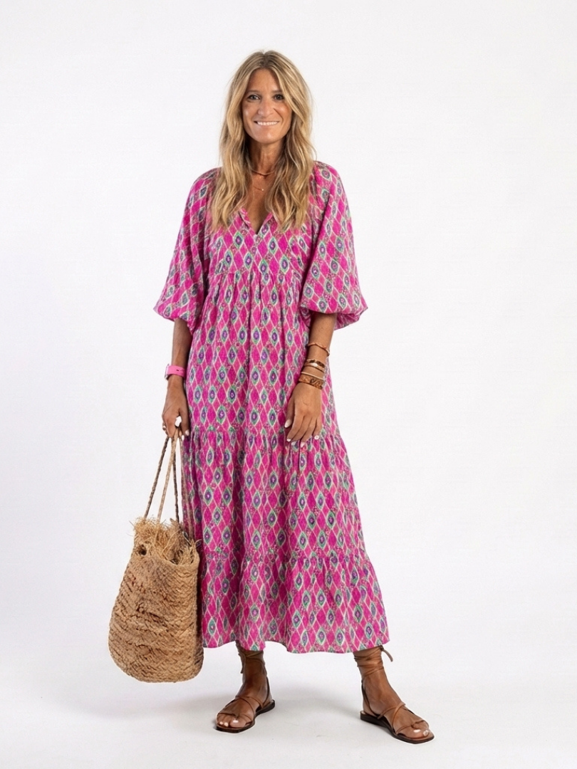 Comfortable women's flowy tiered midi dress with a stylish pattern, V-neck, and three-quarter sleeves.
