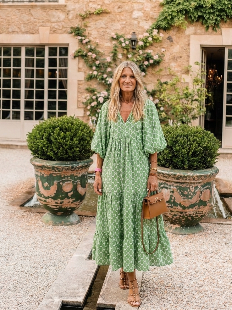 Chic women's patterned midi dress for spring & summer. Features a flattering V-neck, 3/4 sleeves, and relaxed fit.