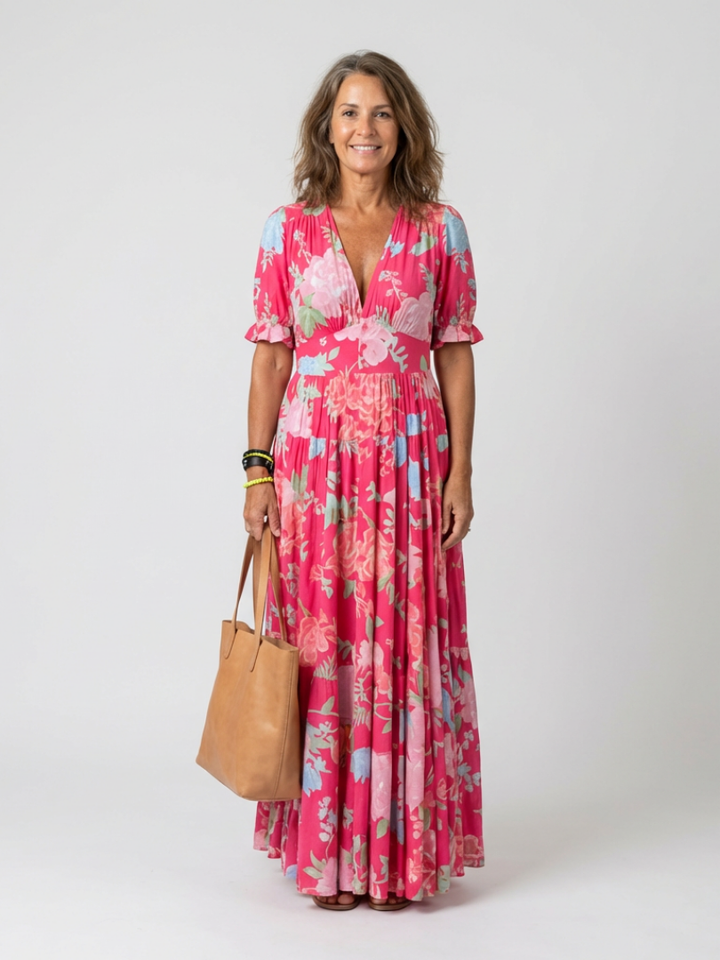 Women's floral midi dress with V-neck & short flutter sleeves. Perfect for spring, summer, and casual wear.