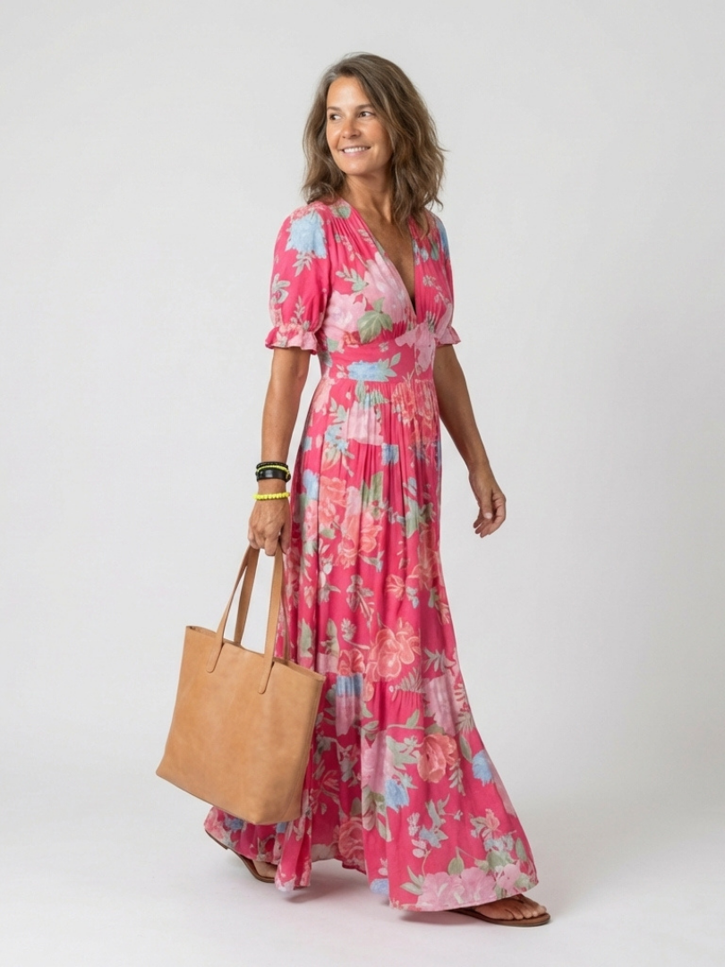 Elegant women's V-neck floral midi dress. Comfortable, relaxed fit, ideal for vacation and warm weather.