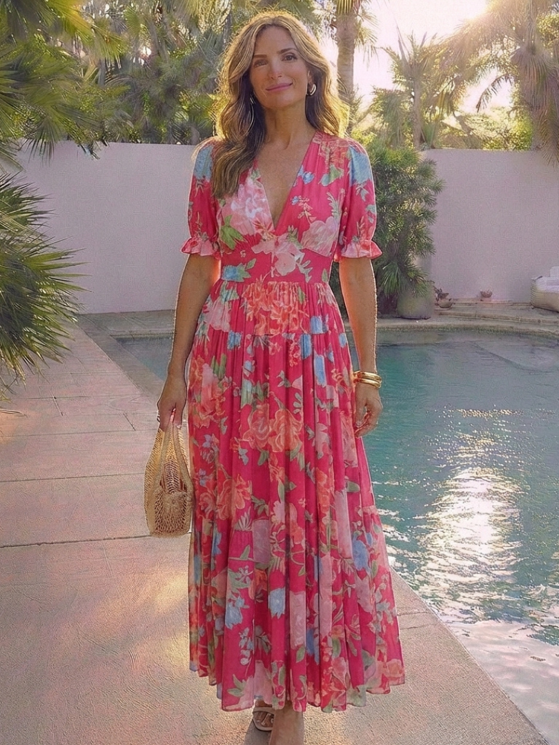 Vibrant floral print midi dress for women with short flutter sleeves and a stylish V-neck. Casual & chic.