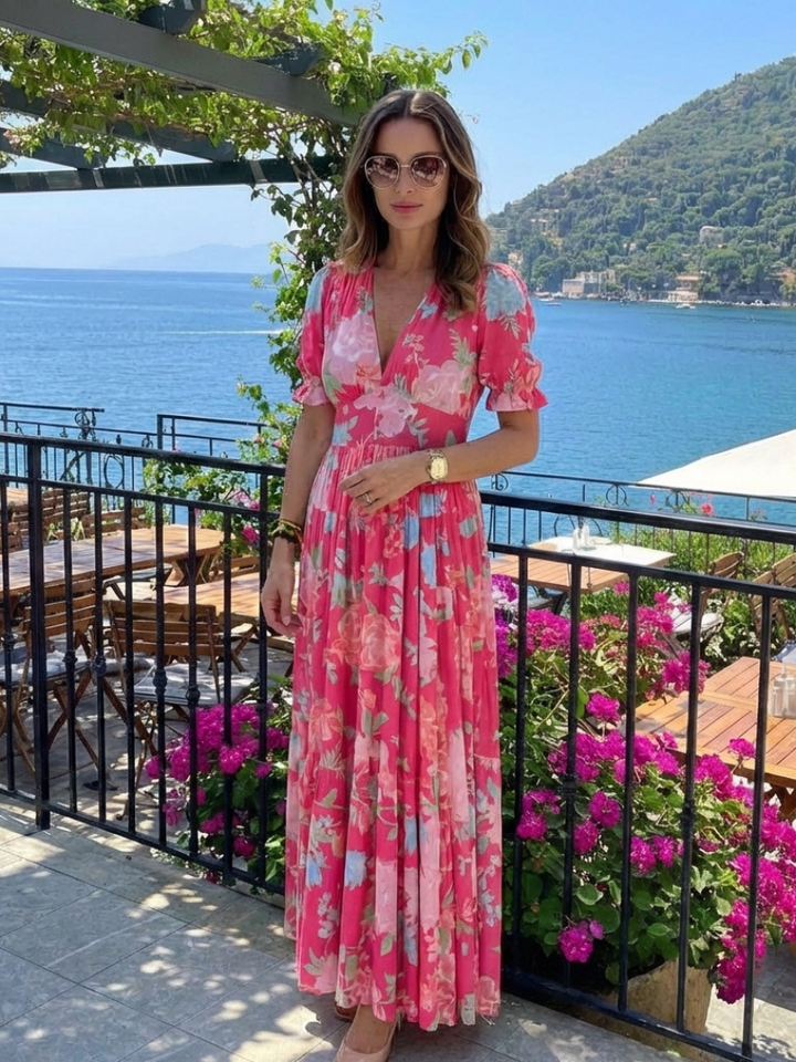 Effortless style: Women's V-neck floral midi dress with short sleeves. A versatile, comfortable summer outfit.